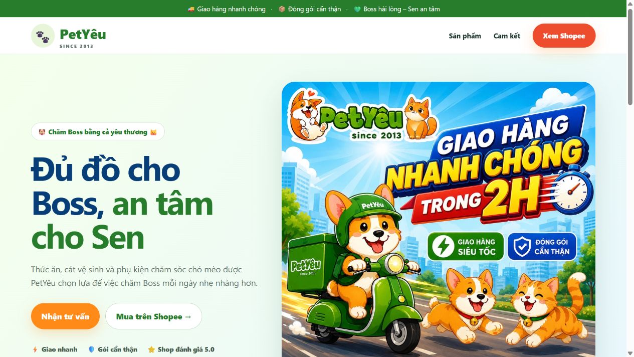 Ảnh chụp website PetYêu đang hoạt động